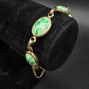 Vintage Green Mottled Glass Bracelet Gold Tone Links